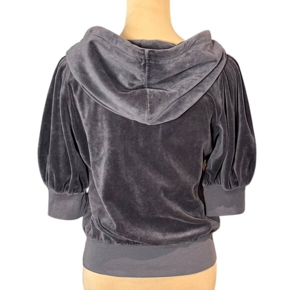 VTG Y2K Juicy Couture Velour Jacket Sz.L Gray Hooded Short Puff Sleeve - Picture 3 of 10